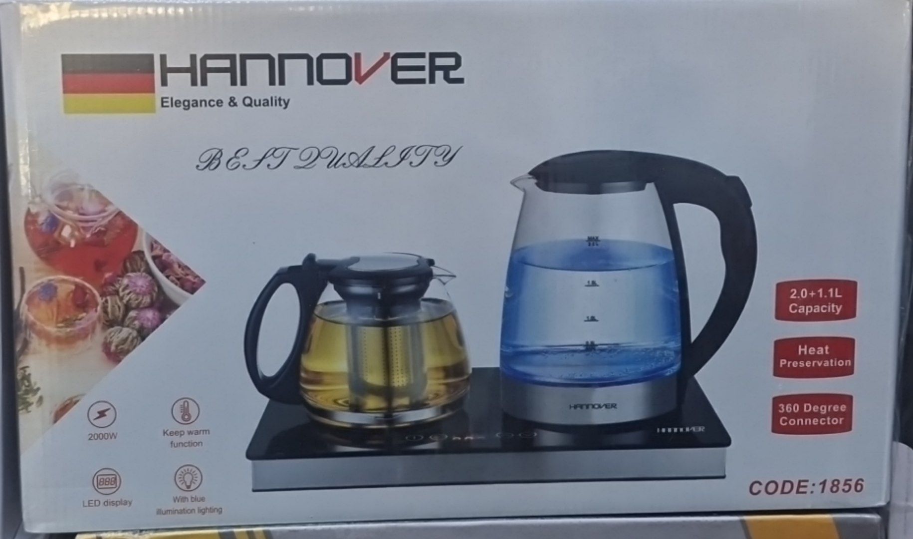 چای‌ساز روهمی هانوور کتری استیل 1.8 لیتری، قوری شیشه‌ای پیرکس 1 لیتری، توان 1850 وات