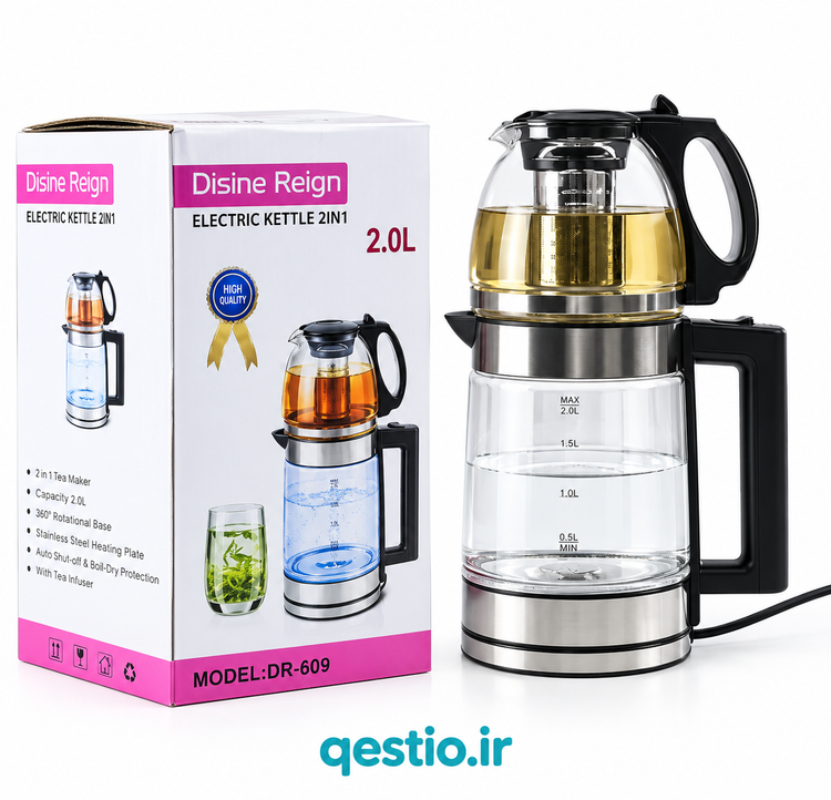 چایساز روهمی دسینی مدل DR-6001 | کتری شیشهای ۲ لیتری و قوری ۱.۲ لیتری